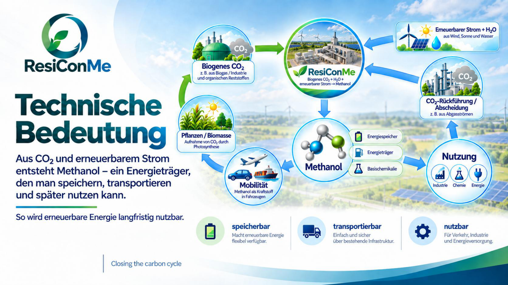 Kohlenstoffkreislauf: Biomasse bindet CO₂; biogenes oder zurückgewonnenes CO₂ wird mit Wasser und erneuerbarem Strom zu Methanol. Methanol wird in Industrie, Chemie, Energie und Mobilität genutzt.